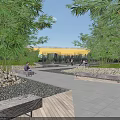 Scenic Park Landscape With Bamboo Trees Pavilion Stone Benches Pathway And People Resting