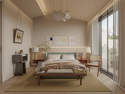 Modern Bedroom Interior Design With Comfortable Bed Nightstands Pendant Light And Area Rug 3d model