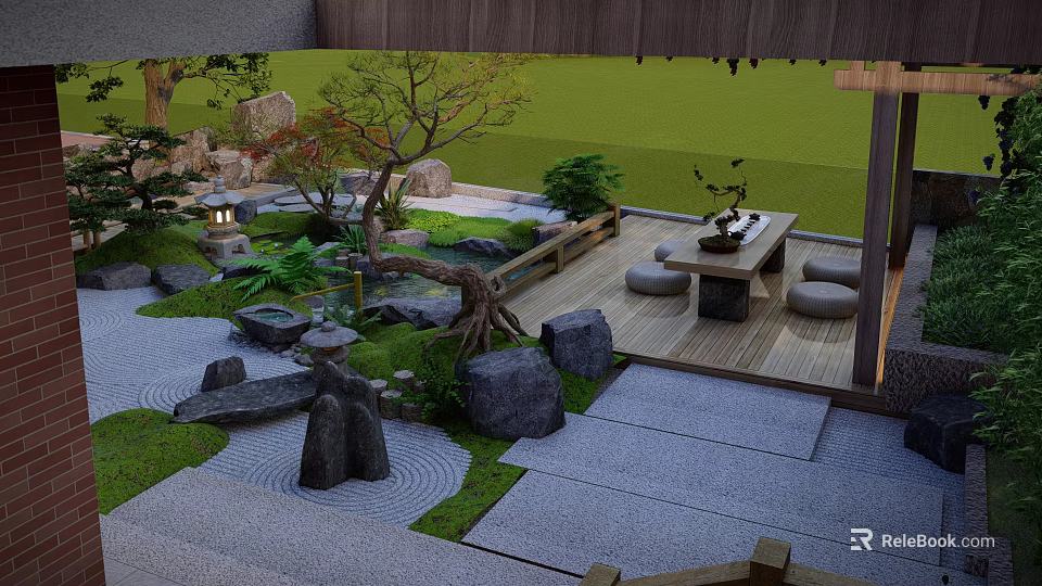 Japanese Zen Courtyard Garden with Stone Moss Trees Wooden Deck Tea Table and Round Cushions 3d model 