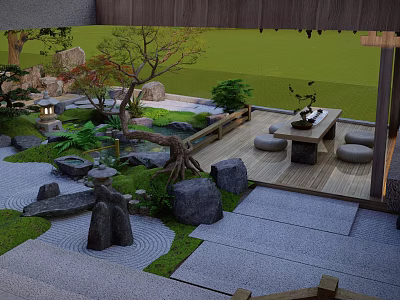 Japanese Zen Courtyard Garden with Stone Moss Trees Wooden Deck Tea Table and Round Cushions 3d model