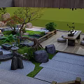 Japanese Zen Courtyard Garden with Stone Moss Trees Wooden Deck Tea Table and Round Cushions
