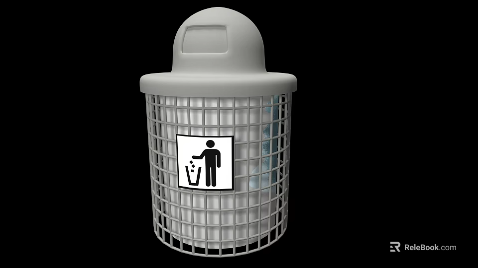 Wire Mesh Trash Can With Lid And Trash Disposal Symbol For Waste Management 3d model 