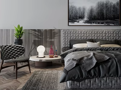 Modern Double Bed With Tufted Headboard Dark Gray Bedding Armchair Rug And Wall Art 3d model