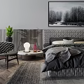 Modern Double Bed With Tufted Headboard Dark Gray Bedding Armchair Rug And Wall Art