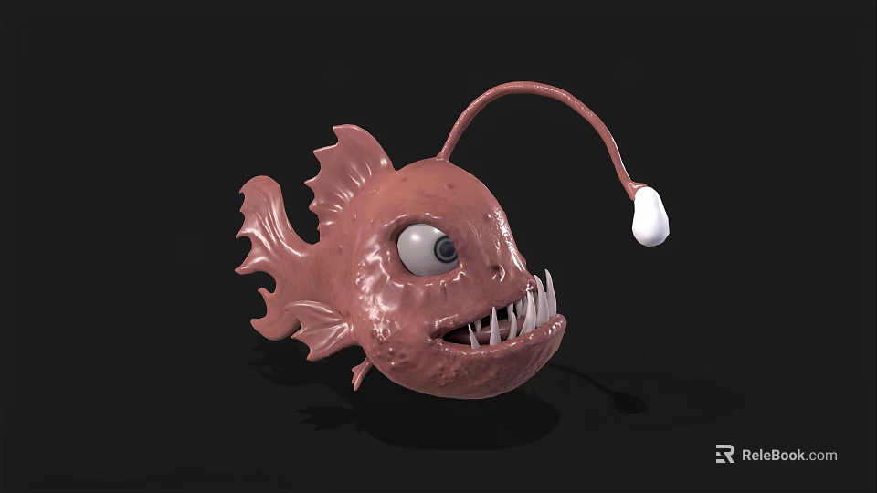 Pink Anglerfish With Large Eyes Sharp Teeth And Lure On Black Background 3d model 