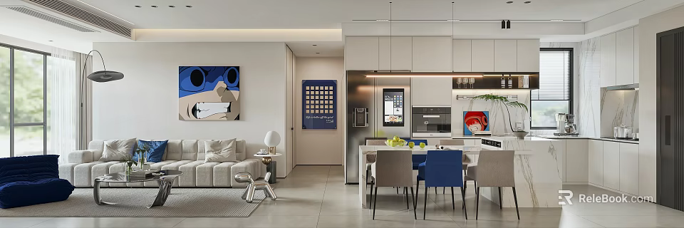 Modern Living and Dining Area Interior With Sofa Dining Table Blue Chairs Artwork And Cabinets 3d model 