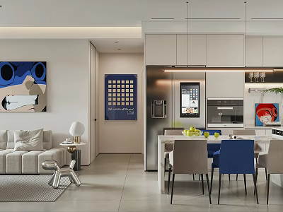 Modern Living and Dining Area Interior With Sofa Dining Table Blue Chairs Artwork And Cabinets 3d model