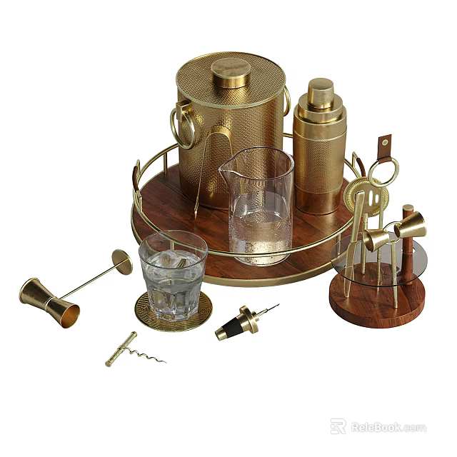 Elegant Gold Bartender Tool Set With Glasses And Wooden Tray 3d model