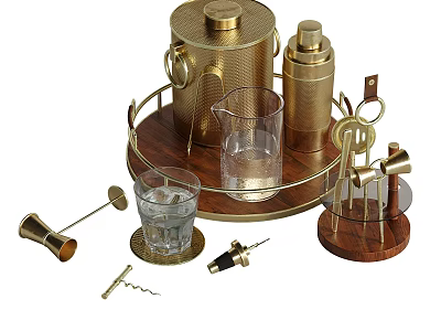 Elegant Gold Bartender Tool Set With Glasses And Wooden Tray 3d model