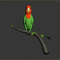 Green parrot with red head perched on branch with green leaves against gray background