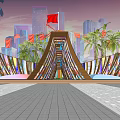 Creative Outdoor Pergola With Geometric Wooden Frame And Colorful Glass Panels