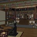 Traditional Cultural Center Interior Featuring Wooden Beams Statues And Hanging Ornaments