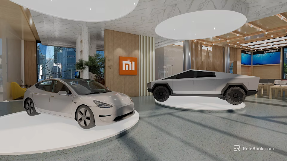 MI Digital Store Showcasing Modern Car Models On Display Platforms With Bright Lighting 3d model 