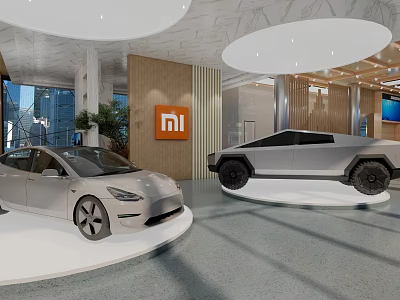 MI Digital Store Showcasing Modern Car Models On Display Platforms With Bright Lighting 3d model