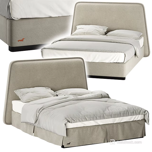 Modern Upholstered Double Bed With Beige Headboard Light Gray Bedspread And White Sheets 3d model