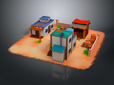Cartoon Village Scene With Colorful Roof Houses Small Yard Plants And Steps 3d model