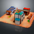 Cartoon Village Scene With Colorful Roof Houses Small Yard Plants And Steps