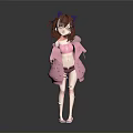 Woman With Brown Hair And Purple Cat Ears Wearing Pink Outfit Coat And Shoes