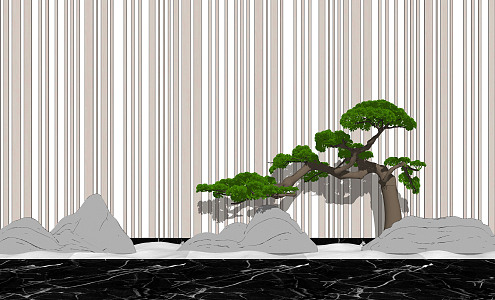 New Chinese style landscape sketch flower grid screen pine rockery dry landscape sketch 3d model