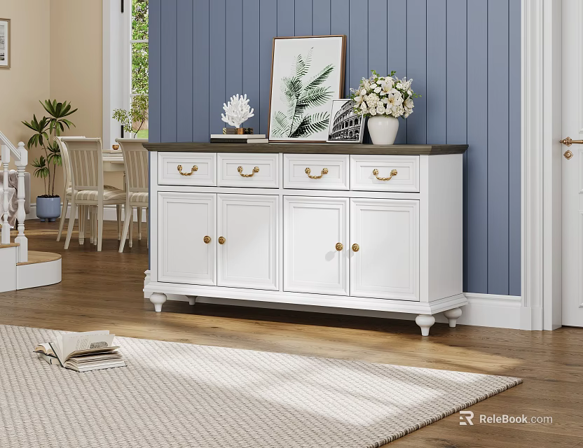 White Entryway Cabinet With Drawers And Doors By Blue Wall With Plants And Wooden Floor 3d model 