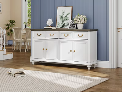 White Entryway Cabinet With Drawers And Doors By Blue Wall With Plants And Wooden Floor 3d model