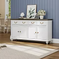 White Entryway Cabinet With Drawers And Doors By Blue Wall With Plants And Wooden Floor