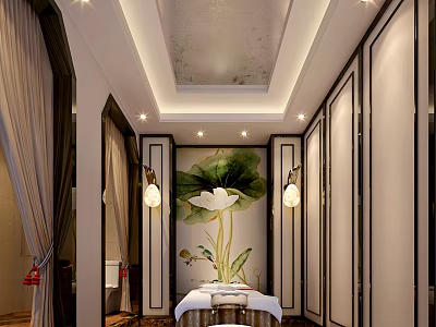 Serene SPA Sauna Room With Lotus Painting And Massage Bed 3d model