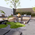 Stylish Courtyard Garden Design With Fire Pit Outdoor Sofa Green Plants And Stone Flooring