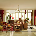 Cozy Retro Living And Dining Room With Festive Chinese New Year Decorations And Open Kitchen