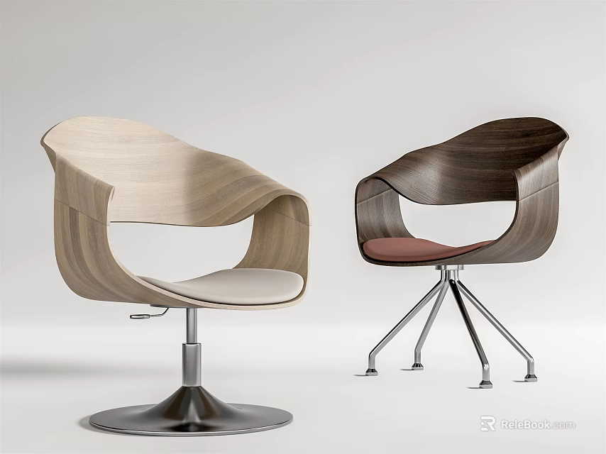 Modern Wooden Leisure Chairs With Curved Backrests And Metal Bases In Light Dark Tones 3d model 