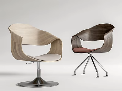 Modern Wooden Leisure Chairs With Curved Backrests And Metal Bases In Light Dark Tones 3d model