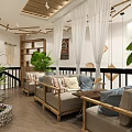 Warm Café Interior Design With Wooden Beams Staircase And Rattan Decor