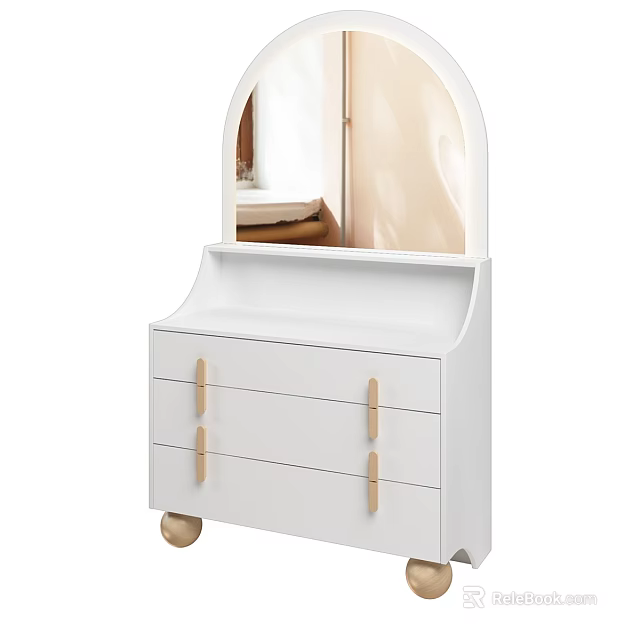 Stylish White Dressing Table With Curved Mirror Wooden Handles And Drawers 3d model 