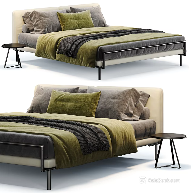 Modern Double Bed With Green Grey Bedding Soft Pillows And Side Table 3d model 
