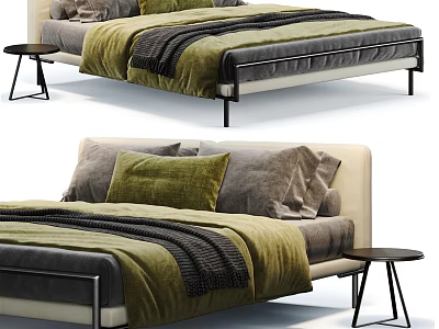 Modern Double Bed With Green Grey Bedding Soft Pillows And Side Table 3d model
