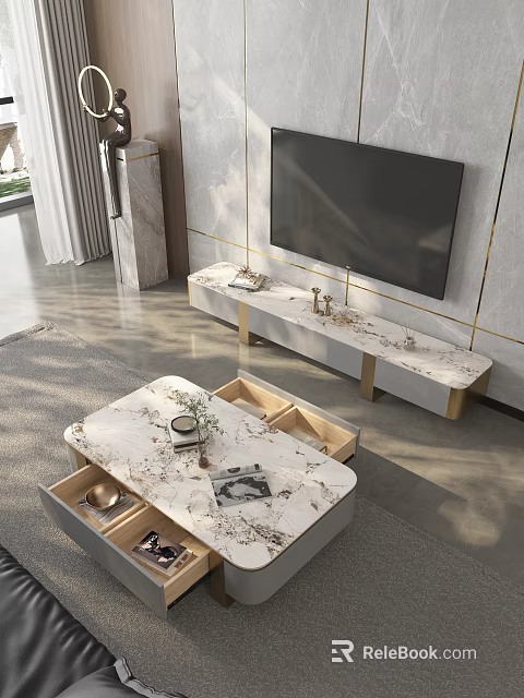 Modern Living Room Coffee Table With Marble Surface Open Drawers And Gold Accents 3d model 