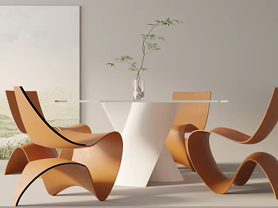 Dining Table Set With Transparent Glass Top White Pedestal Orange Curved Chairs And Wall Art 3d model