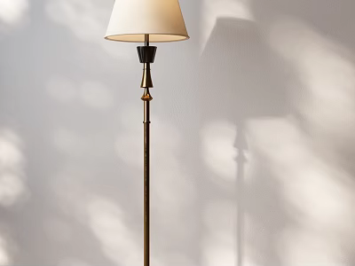 Floor Lamp With White Lampshade And Metal Stand On White Wall With Sunlight Shadow Effects 3d model