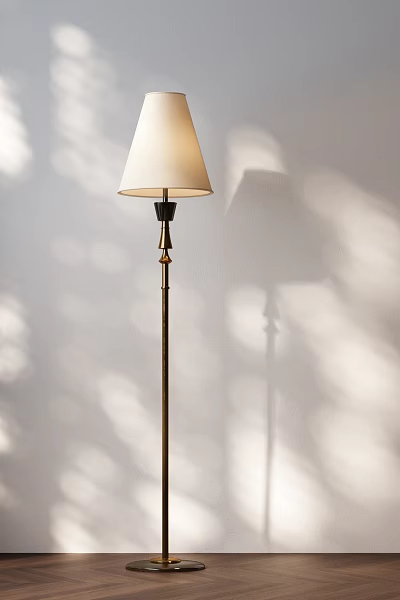 Floor Lamp With White Lampshade And Metal Stand On White Wall With Sunlight Shadow Effects 3d model