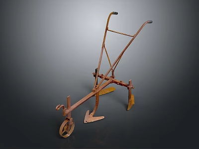 Vintage Metal Garden Plow Ornament With Wheel And Iron Structure Design 3d model