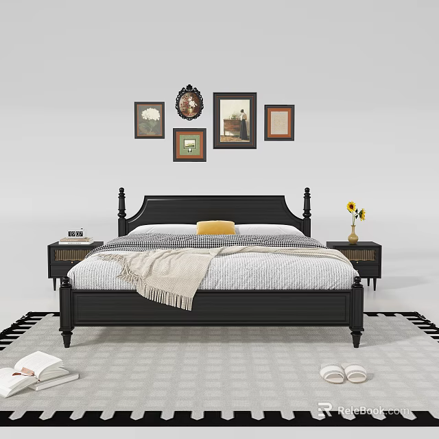 Black Wooden Double Bed With Yellow Cushion Beige Throw And Framed Artworks Above Nightstands 3d model 
