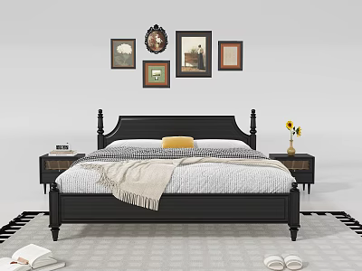 Black Wooden Double Bed With Yellow Cushion Beige Throw And Framed Artworks Above Nightstands 3d model