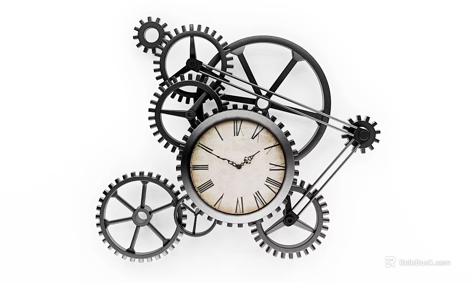 Mechanical Artistic Clock With Metal Gears And Roman Numeral Dial 3d model 