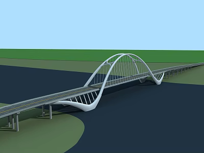 Modern White Arch Bridge Design With Water Crossing And Green Landscape 3d model