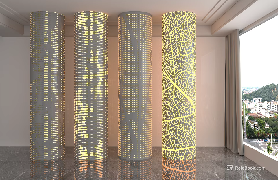 Elegant Modern Interior Columns with Intricate Perforated Patterns and Illuminated Yellow Light Design 3d model 