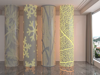 Elegant Modern Interior Columns with Intricate Perforated Patterns and Illuminated Yellow Light Design 3d model