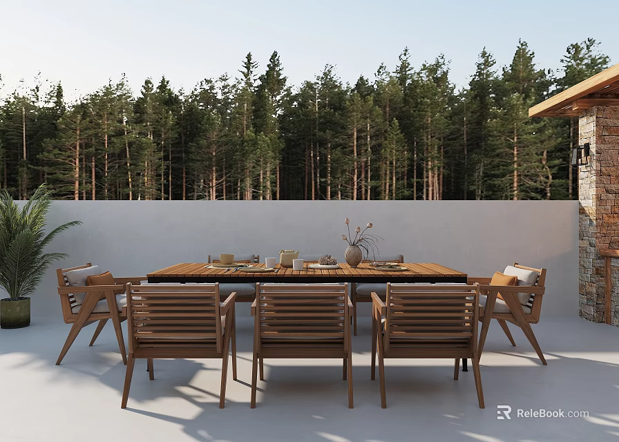 Outdoor Wooden Dining Table And Chairs Surrounded By Forest Trees With Dinnerware And Decorative Centerpiece 3d model 