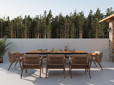 Outdoor Wooden Dining Table And Chairs Surrounded By Forest Trees With Dinnerware And Decorative Centerpiece 3d model