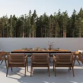 Outdoor Wooden Dining Table And Chairs Surrounded By Forest Trees With Dinnerware And Decorative Centerpiece
