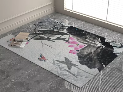 Square Area Rug With Ink Painting Style Lotus Flowers Leaves And Bird On Gray Floor 3d model